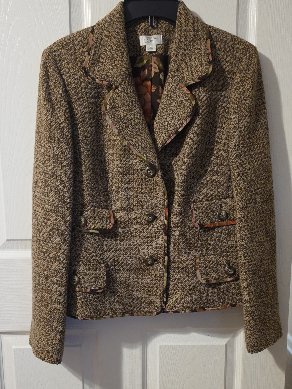 LOFT Brown Multi-Tone Tweed Blazer with Floral Trim